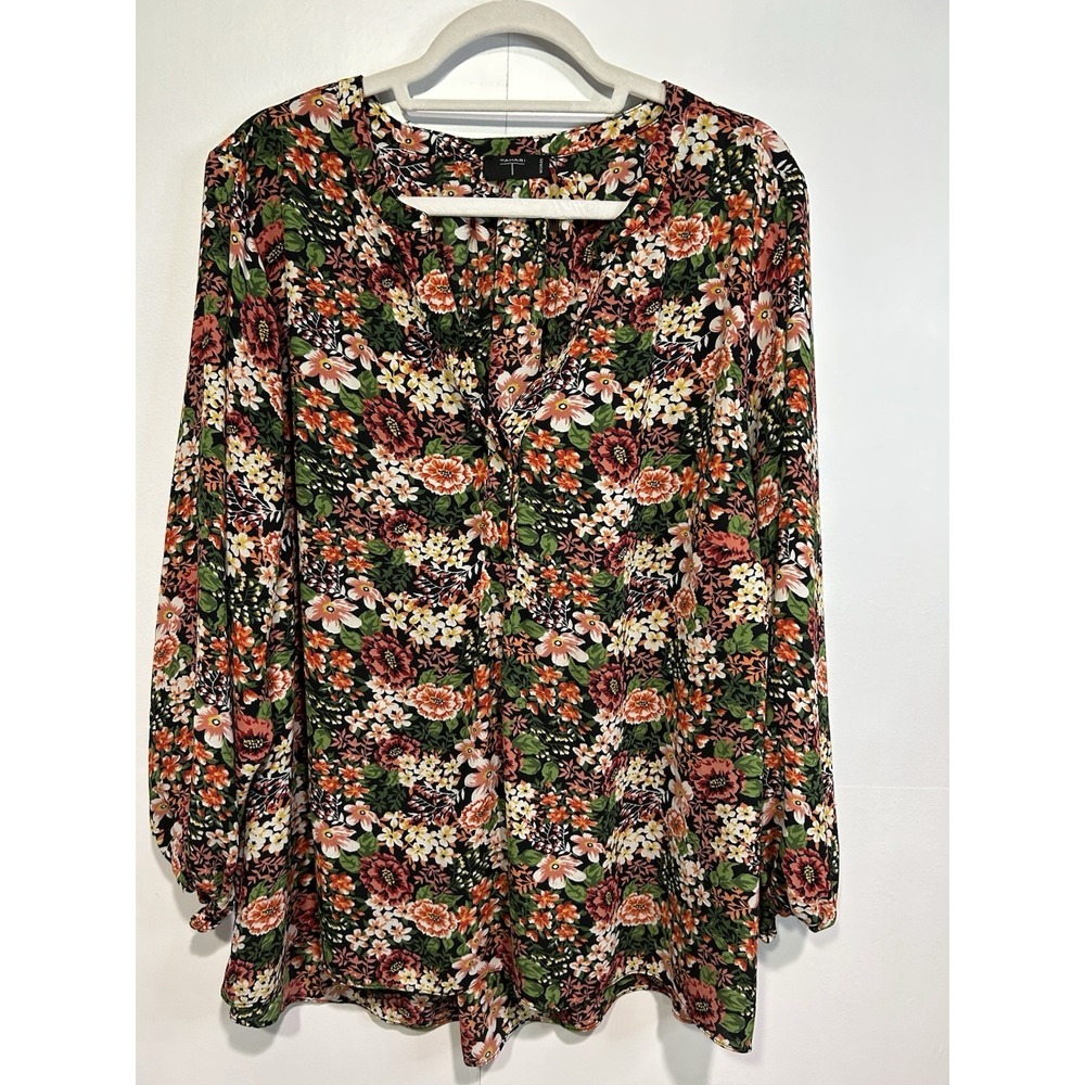 Tahari Floral Blouse Womens XXL Orange Green Black Long Sleeve V-Neck‎ Top